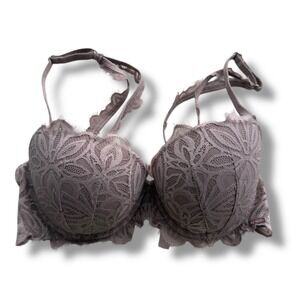 Victoria's Secret PINK Sz 32D Brown Taupe Floral Lace Date Push Up Bra Sexy Boho